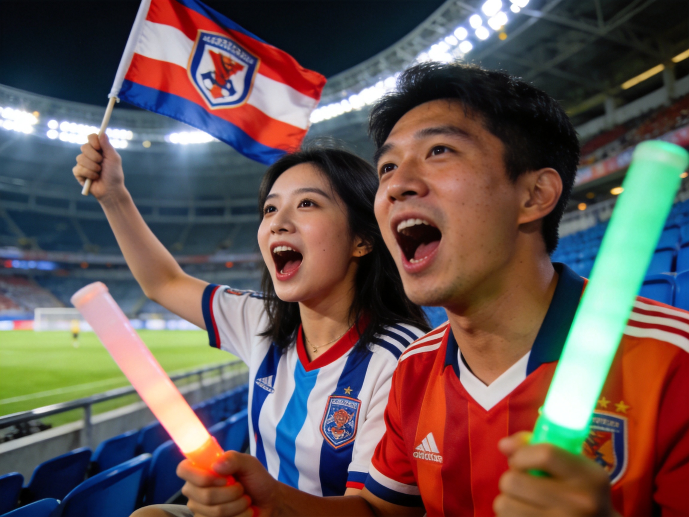体育场看台上球迷挥舞旗帜的比赛日场景
